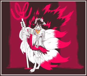 anthro digitigrade fangs female hair long_hair multi_tail paws solo soul soul_devouring_eyes tail teeth signirsol undertale_yellow ceroba_ketsukane_(kitsune_form) canid canine fox fox_spirit mammal hi_res