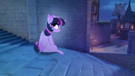 blush female feral glowing horn looking_back sitting solo stairs village wings empress-twilight friendship_is_magic hasbro my_little_pony mythology twilight_sparkle_(mlp) equid equine mammal mythological_creature mythological_equine winged_unicorn 16:9 4k absurd_res hi_res widescreen