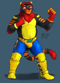 anthro black_body black_fur boots bulge clothing fangs fingerless_gloves footwear fur fur_markings gloves grey_background handwear looking_forward male mane markings orange_body orange_fur raised_arm red_body red_fur red_mane sabertooth_(anatomy) shoes simple_background solo spandex standing striped_markings striped_tail stripes tail tail_markings tail_tuft teeth tight_clothing tuft underwear wrestling_outfit yellow_body yellow_eyes yellow_fur topgearae86turbo tekken_(series) inferno_sabercat felid hybrid liger lion mammal pantherine 2019 dated digital_media_(artwork) hi_res signature