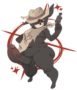 anthro balls belly big_balls big_belly big_butt big_penis butt clothing cowboy_hat erection eye_scar facial_scar foreskin fur genitals glans grey_body grey_fur grin gun handgun hat headgear headwear huge_balls huge_penis male missing_tooth moobs pancho penis pistol ranged_weapon red_eyes retracted_foreskin scar slightly_chubby smile solo standing vein veiny_penis weapon cosmorat mewgenics zodiac_(mewgenics) felid feline mammal hi_res shaded