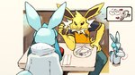 2024 anthro blue_body blue_ears blue_hands bottomwear clothed clothing cutlery dahecksajerry duo eeveelution fork fully_clothed fur generation_1_pokemon generation_4_pokemon glaceon jolteon kitchen_utensils knife nintendo pants pictographics pierrot_(dahecksajerry) plate pokemon pokemon_(species) tools yellow_arms yellow_body yellow_ears yellow_fingers yellow_fur yellow_hands