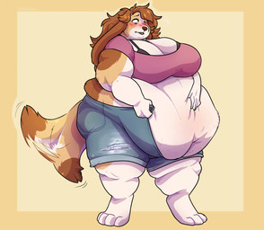 5_fingers anthro belly belly_overhang big_belly big_breasts big_butt blush bottomwear bra breasts brown_hair brown_nose butt cleavage clothed clothing deep_navel denim denim_bottomwear denim_clothing denim_shorts fat_arms fat_legs fat_rolls female fingers flustered hair hanging_belly huge_belly huge_breasts huge_butt long_hair looking_down love_handles muffin_top navel obese obese_anthro obese_female overweight overweight_anthro overweight_female purple_eyes secretly_loves_it shorts simple_background skimpy solo struggling_to_fit tail tail_motion tailwag thick_thighs underwear wardrobe_malfunction weight_conscious wide_hips yellow_background chubunited june_(largefluffydog) canid canine mammal 2026 digital_media_(artwork) full-length_portrait hi_res portrait shaded simple_shading