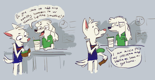 ambiguous_gender analog_clock beverage clock clothing dialogue eyewear frown fur glasses humor inside male money open_mouth pink_nose sharp_teeth shirt store tank_top teeth text topwear wall_clock wallet white_body white_fur kour canid canine canis domestic_dog mammal comic english_text sketch