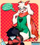 anthro arm_support blush claws clothing dress eyewear fangs femboy gesture glasses green_clothing green_dress green_eyes hand_gesture head_between_legs heart_symbol leg_grab legwear looking_down male male/male open_mouth scarf sitting smile squeezing stockings teeth thigh_grab thorns thumbs_up tongue pea4thefre2h deltarune undertale_(series) kris_(deltarune) ralsei bovid caprine goat human mammal absurd_res hi_res