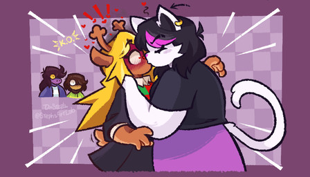 anthro anthro_on_anthro black_hair blonde_hair bottomwear brown_body brown_skin clothed clothing female female/female fully_clothed fur group hair hand_on_shoulder heart_eyes heart_symbol kissing purple_background side_view simple_background skirt slightly_chubby slightly_chubby_anthro slightly_chubby_female text white_body white_fur stephsartlab deltarune undertale_(series) catti_cattenheimer kris_dreemurr noelle_holiday susie_(deltarune) deer domestic_cat felid feline felis human mammal new_world_deer reindeer 2025