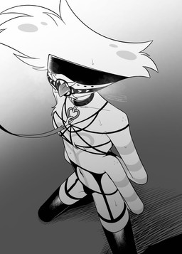 blindfold clothing collar gag leash leashed_collar lingerie male restrained ring_gag solo enaic31 hazbin_hotel hellaverse angel_dust arachnid arthropod demon humanoid spider absurd_res hi_res monochrome