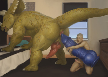 all_fours animal_genitalia animal_penis anthro anus balls bed bedroom butt dildo erection furniture genital_slit genitals holding_dildo holding_object holding_sex_toy horn human_on_anthro humanoid_genitalia humanoid_penis inside interspecies kneeling knot knotted_dildo knotted_penis larger_anthro male nude penis sex_toy size_difference slit_penis smaller_human solo tail orcfun dinosaur human mammal prehistoric_species reptile scalie digital_media_(artwork) hi_res