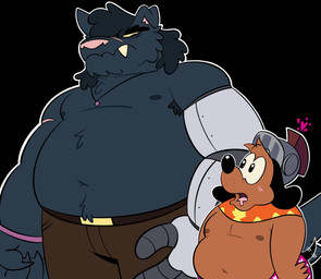 anthro armor aroused belly black_body black_fur blush bodily_fluids brown_body brown_fur drooling duo fur headgear heart_symbol helmet male male/male navel nipples overweight saliva size_difference tail tail_motion tailwag sealchomps puppy_guard russell_(puppy_guard) canid canine canis domestic_dog mammal hi_res