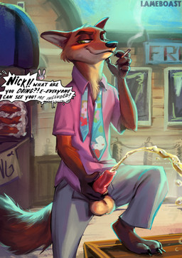 animal_genitalia animal_penis anthro balls blush bodily_fluids bottomwear canine_genitalia canine_penis cigarette clothed clothing collared_shirt dialogue dress_shirt duo erection exhibitionism feet female fingers fur genital_fluids genitals grey_bottomwear grey_clothing grey_pants half-closed_eyes hand_on_penis holding_cigarette holding_knot holding_object holding_own_knot holding_own_knot_root holding_own_penis holding_own_sheath holding_penis holding_sheath knot knotted_penis male male_peeing narrowed_eyes necktie open_bottomwear open_clothing open_pants pants peeing peeing_while_erect penis pink_clothing pink_penis pink_shirt pink_topwear public public_exposure public_peeing public_urination sheath shirt smile smoke smoking speech_bubble standing step_pose tail text toes topwear urine urine_stream watersports lameboast disney zootopia judy_hopps nick_wilde canid canine european_rabbit fox lagomorph leporid mammal oryctolagus rabbit red_fox true_fox digital_media_(artwork) english_text hi_res