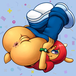 anthro anus big_butt bottomwear butt clock clothing denim denim_bottomwear denim_clothing female genitals geometric_background hair horn jeans lying on_back orange_body pants presenting presenting_hindquarters red_clothing red_hair red_shirt red_topwear shirt simple_background solo tail topwear vulva watch hyoumaru sr parappa_the_rapper sony_corporation sony_interactive_entertainment um_jammer_lammy lammy_lamb bovid caprine mammal sheep 1:1 2021 artist_collaboration hi_res