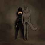 anthro butt clothed clothing duo female fur grey_body grey_fur looking_at_viewer looking_away male mostly_nude orange_body orange_fur wolfinasuit dreamworks kanye_west the_bad_guys diane_foxington mr._wolf_(the_bad_guys) canid canine canis fox mammal wolf 1:1 2024 album_cover cover hi_res