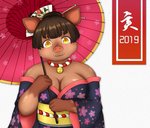 anthro asian_clothing breasts cleavage clothed clothing east_asian_clothing eyebrow_through_hair eyebrows female front_view hair holding_object japanese_clothing looking_at_viewer multicolored_clothing oil-paper_umbrella solo text translucent translucent_hair yukata shibaemonxsk mammal suid suina sus_(pig) wild_boar 2019 hi_res