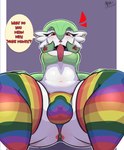anthro anus anus_outline anus_peek barely_visible_anus belly bodily_fluids bulge bulge_in_face butt clothed clothing dialogue ear_piercing gynomorph intersex legwear lgbt lgbt_pride looking_at_viewer looking_down mostly_nude piercing pokemorph pride_color_clothing pride_color_legwear pride_color_underwear pride_colors rainbow_flag rainbow_pride_flag rainbow_symbol seductive skimpy slightly_chubby solo stockings sweat sweatdrop sweaty_belly sweaty_legs sweaty_thighs talking_to_viewer text thick_thighs underwear baloodial lgbt_pride_month nintendo pokemon fan_character gardevoir generation_3_pokemon pokemon_(species) english_text