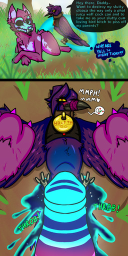animal_genitalia animal_penis blush bodily_fluids canine_genitalia canine_penis cloaca cloacal cloacal_penetration clothing collar cum cum_in_cloaca cum_inflation cum_inside dialogue duo egg erection female female_penetrated feral forest fur gag gagged genital_fluids genitals glowing glowing_cum glowing_genitalia glowing_penis impregnation inflation makeup male male/female male_penetrating male_penetrating_female nude open_mouth penetration penile penis plant profanity running_makeup sex shallow_penetration size_difference text tree unusual_bodily_fluids unusual_cum unusual_genital_fluids wings redgreenfluffball zach_snowfox avian bird canid canine canis corvid corvus_(genus) ghost mammal oscine passerine raven spirit wolf 1:2 absurd_res comic digital_media_(artwork) english_text hi_res
