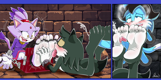 4_toes anthro arms_tied blue_body blue_border blush bodily_fluids border bound countershade_feet countershade_hands countershading crying_laughing cum feet female foot_fetish foot_lick foot_play footjob genital_fluids green_body group laugh legs_tied licking lying male male/female male/male mmf on_front penile purple_body restrained_arms restraints sex stocks tears tickle_torture tickling tickling_feet toes tongue trio skoufidios sega sonic_the_hedgehog_(series) blaze_the_cat fan_character canid canine felid feline fox mammal hi_res