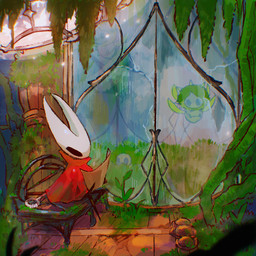 2_horns ambiguous_gender anthro bench biped black_eyes cloak clothing detailed_background empty_eyes feral flying glass grass horn melee_weapon on_bench plant red_cloak red_clothing sitting sitting_on_bench solo solo_focus vines weapon wings blipbugbug hollow_knight:_silksong hollow_knight_(franchise) team_cherry hornet_(hollow_knight) arthropod mossgrub mossmir 1:1 2025 hi_res female_(lore)