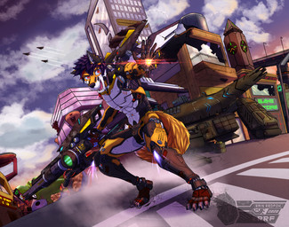 aircraft anthro armor building city cloud digitigrade gun intersection machine male open_mouth perspective power_armor ranged_weapon sky solo town vehicle weapon rainredfox rain_(rainredfox) canid canine fox mammal 2020 absurd_res digital_media_(artwork) hi_res watermark
