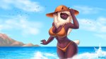 5_fingers anthro beach big_breasts black_body black_fur breasts clothed clothing curvy_figure female fingers fur hat headgear headwear horn looking_at_viewer markings mole_(marking) mouthless orange_clothing orange_swimwear sea seaside solo summer swimwear water wool_(fur) raychell amaverse xalda_(shg_ver.) bovid caprine mammal sheep werecaprine werecreature weresheep 16:9 absurd_res hi_res widescreen