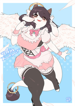5_fingers accessory anthro biped blue_background border bow_accessory bow_ribbon bow_tie breasts cleavage clothed clothing dress eyebrows eyelashes feathers feet female fingers footwear front_view fully_clothed grey_eyes grey_hair hair halo high_heels horn legwear monotone_body open_mouth open_smile pink_clothing shoes simple_background smile solo stockings tail tail_tuft text thick_thighs thigh_highs tuft white_body wings wristband keyhat_tk10 angel bovid caprine goat mammal 2022 dated digital_drawing_(artwork) digital_media_(artwork) english_text hi_res signature