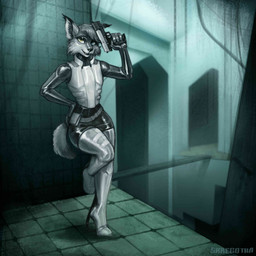 5_fingers anthro armor armwear big_ears biped black_bottomwear black_clothing black_gloves black_handwear black_nose black_shorts bleak_ambiance blue_eyes body_armor boots bottomwear cheek_tuft clothed clothing dark detailed_background doorway ear_tuft elbow_gloves eyebrows facial_tuft fangs femboy fingers footwear fur gloves grey_body grey_fur gun hand_on_butt hand_on_hip handgun handwear head_tuft heterochromia high_heels hk_usp_match holding_gun holding_handgun holding_object holding_pistol holding_ranged_weapon holding_weapon humanoid_hands inner_ear_fluff latex latex_clothing latex_gloves latex_handwear leather leather_boots leather_bottomwear leather_clothing leather_footwear leather_shorts legwear looking_at_viewer male one_leg_up open_mouth pistol pose raised_arm raised_leg ranged_weapon shoes shorts skinsuit small_tail snout solo standing tail teeth text thigh_boots thigh_highs tight_clothing tuft weapon white_armor white_body white_boots white_clothing white_footwear white_fur white_sclera yellow_eyes skregotha half-life_2_beta heckler_and_koch combine_assassin felid feline lynx mammal 1:1 artist_name digital_drawing_(artwork) digital_media_(artwork) hi_res watermark