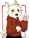 4_fingers adolescent anthro bottomwear clothed clothing eyebrows fangs fingers fully_clothed gesture hand_gesture hood looking_at_viewer male open_mouth pants red_eyes scut_tail short_tail simple_background solo standing star tail teeth tongue topwear young young_anthro young_male cross_0315 lagomorph leporid mammal rabbit hi_res