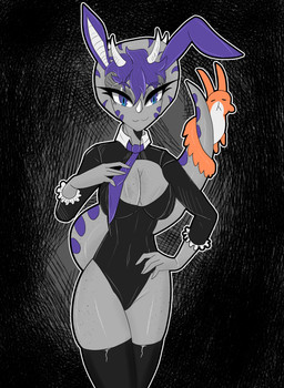 abstract_background accessory anthro big_breasts black_clothing black_legwear black_thigh_highs blue_eyes breasts bunny_costume clothing collar costume duo eyebrow_through_hair eyebrows eyelashes facial_horn fake_ears female feral fingers freckled_breasts freckled_face freckled_hips freckled_legs freckled_tail freckled_thighs freckles frill_(anatomy) front_view glistening_eyelids hair hand_on_hip happy horn humanoid_hands legwear long_eyelashes looking_at_viewer markings multicolored_eyes necktie non-mammal_breasts orange_body pose purple_body purple_eyes purple_hair short_hair smile speckle_freckles spots spotted_markings standing striped_markings stripes tail thigh_highs translucent translucent_hair two_tone_eyes white_body gothgator0 goodbye_volcano_high ko_op_(game_developer) mango_(gvh) trish_(gvh) ceratopsian ceratopsid chasmosaurine dinosaur marginocephalian ornithischian prehistoric_species reptile scalie triceratops velvet_worm absurd_res hi_res portrait restricted_palette three-quarter_portrait