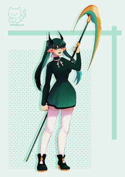 alternative_fashion big_breasts boots bottomwear bow_ribbon breasts clothing cross dress ear_piercing ear_ring female fist footwear goth green_hair green_lipstick hair high_heeled_boots high_heels holding_melee_weapon holding_object holding_weapon horn humanoid_hands humanoid_pointy_ears inverted_cross legwear light_body light_skin lipstick long_hair long_legs makeup melee_weapon minidress not_furry pattern_background pattern_bottomwear pattern_clothing pattern_topwear piercing pointy_ears polearm ribbons ring_piercing scythe shoes simple_background small_waist solo standing teal_clothing teal_hair thigh_highs topwear twintails_(hairstyle) upside_down_cross_earrings weapon yellow_eyes conditional_dnp nikoyishi horned_humanoid humanoid 2025 absurd_res detailed digital_drawing_(artwork) digital_media_(artwork) digital_painting_(artwork) hi_res painting_(artwork)