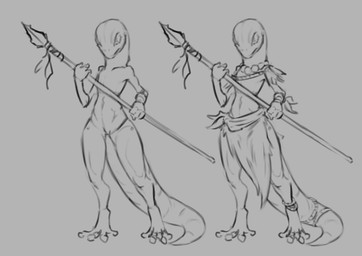 accessory animal_genitalia anthro barely_visible_genitalia clothing furgonomics genital_slit genitals male melee_weapon nude polearm solo spear tail tail_accessory tribal weapon wide_hips wristband vonepitaph gecko lizard reptile scalie 2023 absurd_res hi_res model_sheet monochrome sketch sketch_page