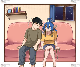 anthro blue_hair bottomwear breasts clothed clothing crescent_moon duo eyes_closed female fully_clothed furniture hair inside male moon night on_sofa romantic romantic_couple shirt shorts sitting sitting_on_sofa sleeping smile sofa t-shirt topwear transformation window rekidesu mythology ren_(rekidesu) tsukiko_(rekidesu) canid canine canis human humanoid mammal mythological_canine mythological_creature werecanid werecanine werecreature werewolf wolf hi_res