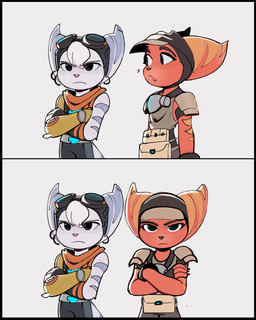 anthro black_border border claws clothed clothed_female clothing cybernetic_arm cybernetic_limb duo ear_piercing ear_ring eyewear eyewear_on_head female fur gloves goggles goggles_on_head hair handwear piercing red_body red_fur ring_piercing tail white_body white_fur white_hair time_fluffy500 ratchet_and_clank sony_corporation sony_interactive_entertainment rivet_(ratchet_and_clank) widget_(ratchet_and_clank) lombax mammal 4:5 hi_res