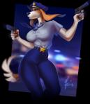 5_fingers angry anthro badge belt big_breasts blue_eyes breasts clothed clothing female fingers fully_clothed gun officer police police_uniform ranged_weapon solo uniform weapon landysh beagle canid canine canis domestic_dog hunting_dog mammal scent_hound 2018 digital_media_(artwork)