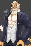 anthro clothed clothing countershading eyewear fur glasses grey_background looking_at_viewer male muscular muscular_anthro muscular_male simple_background solo marbook2002 nekojishi studio_klondike lin_hu felid mammal pantherine tiger 2017 2:3 half-length_portrait hi_res portrait signature