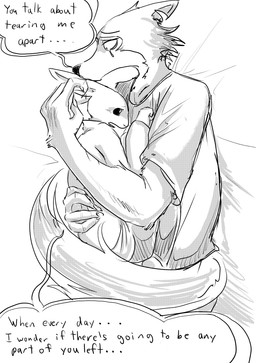 anthro bed bed_sheet bedding bodily_fluids bottomwear clothing dialogue duo female furniture grabbing_from_behind hug hugging_another male notched_ear pants sad shirt shirt_grab sweater tears text topwear worried dragonweirdo beastars haru_(beastars) legoshi_(beastars) canid canine canis lagomorph leporid mammal rabbit wolf absurd_res comic english_text hi_res monochrome