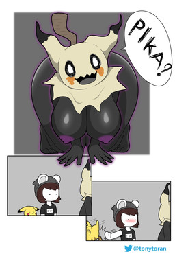 anthro areola blush breasts dialogue female group looking_at_viewer male male/female nipples pushing question_mark shadow smile smiling_at_viewer speech_bubble surprised text tonytoran nintendo pokemon tony_(tonytoran) generation_1_pokemon generation_7_pokemon mammal mimikyu mouse murid murine pikachu pokemon_(species) rodent comic english_text hi_res
