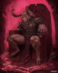 anthro bared_teeth bone bottomwear chain chain_collar chain_necklace chair clothed clothing collar demonic demonic_eyes fantasy fur furniture hair hooves horn jewelry lava loincloth loincloth_down male muscle_tone muscular neckchain necklace red_eyes resting resting_arm shirt skull solo t-shirt teeth_showing throne throne_room topwear torn_clothing white_body white_fur buckovskiart bovid caprine caprine_demon demon goat goat_demon mammal 4:5 absurd_res hi_res