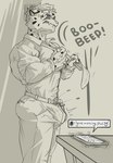 anthro bulge button_(fastener) button_pop cellphone clothing dress_pants dress_shirt electronics erection formal_wear frown grimace male muscular muscular_male necktie phone phone_screen shirt solo texting topwear wardrobe_malfunction rayject ray_(rayject) cheetah felid feline mammal