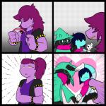 anthro blush clothed clothing eyewear female fur glasses group hair heart_symbol male simple_background spikes teeth bran-draws-things deltarune undertale_(series) kris_(deltarune) ralsei susie_(deltarune) bovid caprine darkner goat human mammal reptile scalie 1:1 2018 digital_media_(artwork) hi_res