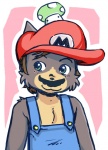 1-up_mushroom anthro blush clothing cosplay facial_hair fungus hat headgear headwear male mushroom mustache simple_background solo text text_on_clothing text_on_hat text_on_headwear battle_angel mario_bros nintendo mario domestic_cat felid feline felis mammal