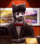 anthro black_hair black_nose bow_(feature) bow_tie clothed clothing detailed_background hair male purple_eyes solo rodrigues404 canid canine mammal animated short_playtime