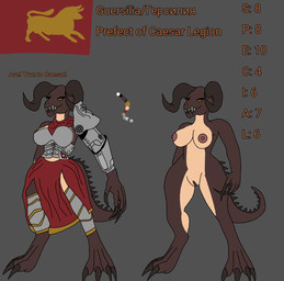 anthro armor breasts brown_body brown_scales caesars_legion countershading female genitals grey_background horn nipples non-mammal_breasts non-mammal_nipples nude nude_anthro nude_female scales simple_background solo tail tan_body tan_countershading text vulva yellow_eyes anton06109296 fallout microsoft guersilia deathclaw scalie english_text hi_res model_sheet