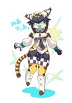 alternative_fashion anthro black_hair blue_eyes blue_mouth blue_sclera cable_tail claws cyberpop female fur fusion hair j-fashion kemono machine metallic_body metallic_hair on_one_leg open_mouth open_smile pseudo_hair simple_background smile solo sparkles standing striped_body stripes tail text white_background yellow_body yellow_fur zipper_pull_tab takanabeasami cygames world_flipper dia_(world_flipper) mia_(world_flipper) felid mammal pantherine robot tiger absurd_res hi_res japanese_text translated