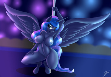 5_fingers anthro areola bedroom_eyes big_breasts blue_body blue_feathers breasts cosmic_hair crouching dancing erect_nipples ethereal_hair eyelashes eyeshadow feathered_wings feathers female fingers genitals hair half-closed_eyes hand_on_leg hand_on_thigh hooves horn inside long_hair makeup mascara narrowed_eyes navel nipples nude pole pole_dancing pose pseudo_hair seductive shadow smile solo spread_wings strip_club stripper teal_eyes thick_thighs vulva wings conditional_dnp nexcoyotlgt friendship_is_magic hasbro my_little_pony mythology princess_luna_(mlp) equid equine mammal mythological_creature mythological_equine winged_unicorn 2018 absurd_res hi_res signature