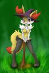 2016 anthro braixen breasts canid canine clothing female forest fur generation_6_pokemon hat hat_only headgear headgear_only headwear headwear_only hi_res inner_ear_fluff looking_at_viewer mammal mostly_nude nintendo open_mouth outside plant pokemon pokemon_(species) red_eyes smile solo standing stick tailkisser tree tuft witch_hat