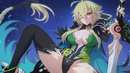 5_fingers blonde_hair blush clothing female fingers green_eyes hair holding_melee_weapon holding_object holding_sword holding_weapon humanoid_pointy_ears long_hair looking_at_viewer melee_weapon not_furry outside pointy_ears solo spread_legs spreading sword weapon sollyz elf humanoid 16:9 2020 digital_drawing_(artwork) digital_media_(artwork) widescreen