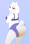 anthro blush bra breasts clothed clothing diaper female floppy_ears fur heart_symbol horn looking_back smile solo standing underwear wearing_diaper white_body white_fur auroraskyyy undertale_(series) toriel boss_monster_(undertale) bovid caprine goat mammal monster hi_res