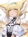 accessory blonde_hair blush braided_hair breasts clothed clothing dipstick_tail female female_humanoid fluffy fluffy_ears fluffy_tail fur hair hair_accessory hairband inner_ear_fluff markings multi_tail multicolored_tail open_mouth oripathy_lesion solo streetwear tail tail_markings techwear tuft white_body white_fur white_hair yellow_body yellow_eyes yellow_fur tabhead arknights hypergryph studio_montagne suzuran_(arknights) animal_humanoid canid canid_humanoid canine canine_humanoid fox_humanoid humanoid mammal mammal_humanoid 2022 absurd_res digital_media_(artwork) hi_res translated_description