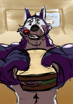 anthro blue_body blue_fur bread food fur holding_object lettuce male muscular onion plant sandwich_(food) solo teeth tongue tongue_out vegetable white_body white_fur pantheraonca azor_(pantheraonca) canid canine canis domestic_dog husky mammal nordic_sled_dog spitz