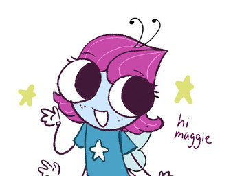 anniversary antennae_(anatomy) anthro big_eyes blue_body blue_clothing blue_shirt blue_topwear clothing female freckled_face freckles gloves hair handwear insect_wings pink_hair purple_line_art shirt smile solo star topwear white_clothing white_gloves white_handwear wings junekablam disney the_buzz_on_maggie maggie_pesky arthropod fly_(animal) insect 2025 colored_line_art