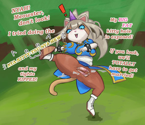 4_fingers anthro asian_clothing biped blue_clothing blue_eyes blue_topwear blush bottomwear bracelet breasts brown_bottomwear brown_clothing brown_legwear brown_pants brown_text brown_tights chinese_clothing chinese_dress clothed clothed_anthro clothed_female clothing cosplay crossover_cosplay cute_fangs detailed_background dialogue dress east_asian_clothing exclamation_point fake_horns fangs female female_anthro fighting_pose fingers footwear fur genitals glistening glistening_eyes grey_ears grey_hair hair humor jewelry kirin_armor legwear looking_down looking_down_at_self multicolored_body multicolored_fur no_sclera onomatopoeia open_mouth outside pants pink_inner_ear pink_nose pose pupils shoes solo sound_effects spiked_bracelet spikes standing surprised tail tan_body tan_fur tan_tail teeth text thick_thighs tights topwear torn_bottomwear torn_clothing torn_pants two_tone_body two_tone_fur vulva wardrobe_malfunction white_body white_clothing white_footwear white_fur white_shoes yellow_text piopoi capcom monster_hunter street_fighter chun-li domestic_cat felid feline felis felyne lynian mammal palico 2025 crossover digital_drawing_(artwork) digital_media_(artwork) english_text full-length_portrait hi_res portrait shaded soft_shading
