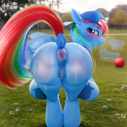 animal_genitalia anus backwards_baseball_cap backwards_hat ball baseball_cap big_anus blue_body blue_fur blue_skin blue_wings blush blush_lines bodily_fluids butt clothing cutie_mark dialogue dock_(anatomy) equine_anus equine_genitalia eyelashes female feral fur genitals grass hair hat headgear headwear hooves looking_at_viewer multicolored_hair multicolored_tail plant rainbow_hair rainbow_tail red_cheeks shaking_butt smile smug solo sweat sweatdrop tail text tree vulva wiggle wings 44bone friendship_is_magic hasbro my_little_pony mythology rainbow_dash_(mlp) equid equine horse mammal mythological_creature mythological_equine pegasus pony 3d_(artwork) absurd_res blender_(artwork) digital_media_(artwork) hi_res